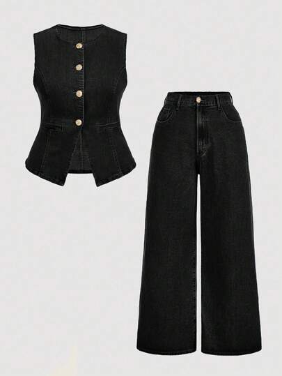 SHEIN MOD Plus Size Summer Casual Front Button Sleeveless Denim Top And Wide Leg Denim Pants 2 Pieces Set