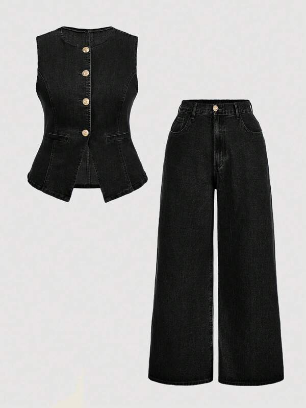 SHEIN MOD Set casual estivo da donna taglie forti, composto da top in jeans senza maniche con bottoni davanti e pantaloni in jeans a gamba ampia, 2 pezzi