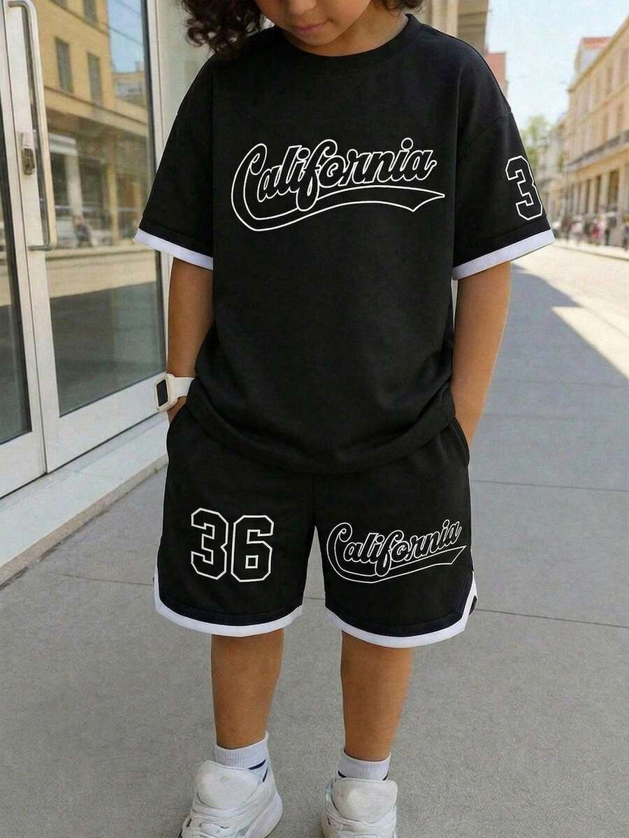 SHEIN 2pcs Tween Boy Black Summer Casual Streetwear City Break Printed Short Sleeve Top And Shorts Set,Loose Comfortable Contrast Tape Decor School Sports - Black - View 1