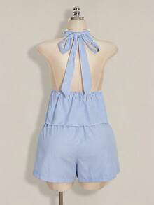 SHEIN ICON Plus Size Women's Blue And White Striped Summer Set,Deep V-Neck Top & Loose Shorts,Y2K Retro Beach Vacation Holiday,Metallic Starfish Decoration - Blue and White - View 2