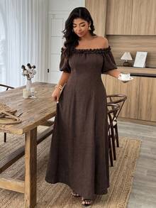 Weeklong Plus Size Casual Solid Color Asymmetric-Shoulder Dress With 3D Floral Decor Day - Coffee Brown - View 4