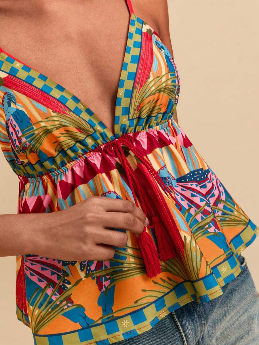 SHEIN TRVLCHIC Camiseta de tirantes con estampado geométrico y de plantas tropicales con flecos, adecuada para la playa/vacaciones - Multicolor - Ver 1