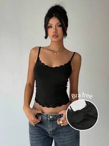 Aloruh Women's Solid Color Lace Patchwork Versatile Camisole, Summer With Padded Bra, Top, ,Black Crop Women, Basic - Black - View 6