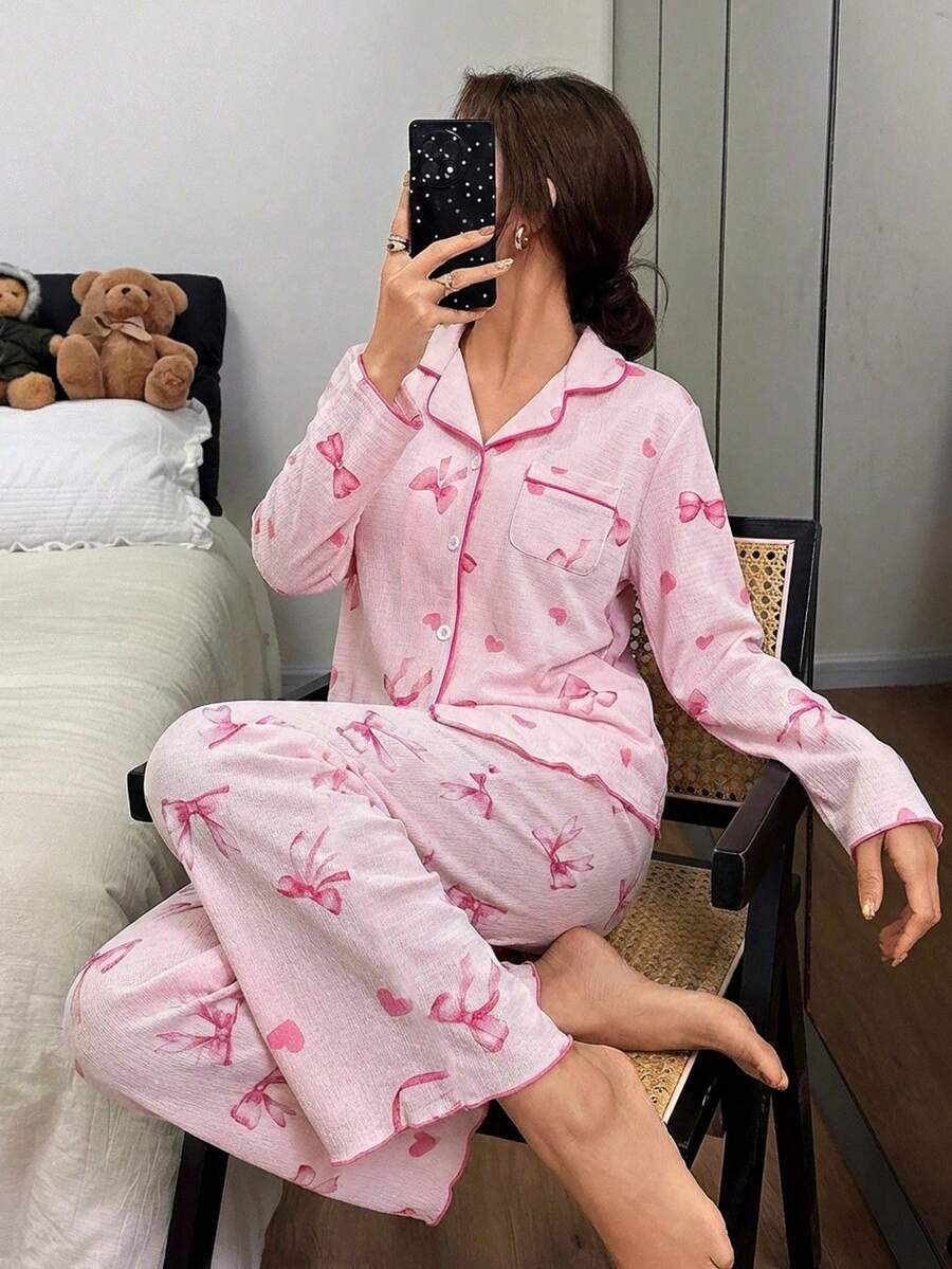 女童睡衣套装,可爱樱桃印花长裤长袖休闲两件套 - 粉色 - 查看 1