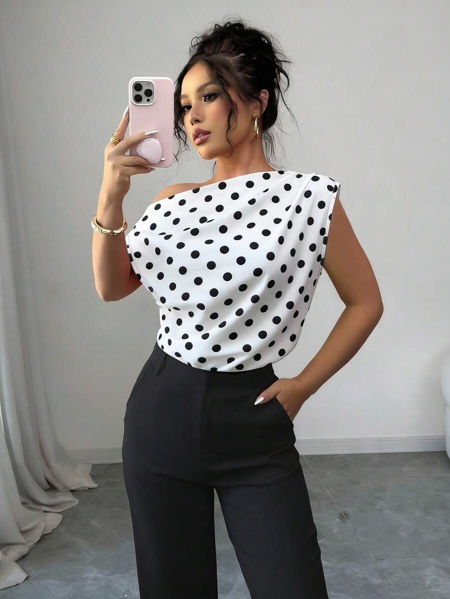 SHEIN Elenzya 波点不对称肩部无袖女式衬衫,优雅通勤衬衫 - 白色 - 查看 1