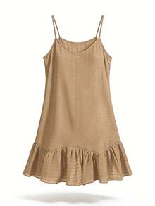 Swim Vcay Vestido de Praia Causal de Verão para Mulheres, Tecido Texturizado de Cor Sólida, Alças Ajustáveis, Bainha com Babado - Caqui - Visão 8