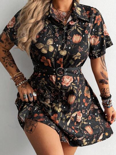 Whyspr Plus Size Women's New Vintage Casual Academic Fashion Dark Punk Textured Printed Shirt Collar Open Front A-Line Short Sleeve Dress, Suitable For Daily Wear, Office, Thanksgiving, New Year Party, Holiday, Birthday Party, Music Festival, Valentine's Day, Spring/Summer Dress, All Season Outfit