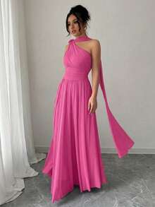 Elenzga 女士优雅度假及日常穿着欧美风不对称肩部花卉装饰连衣裙，适合外出、约会、度假、购物、娱乐等各种场合。 - 玫紅色 - 查看 4