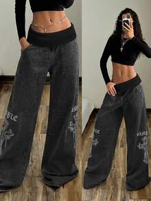 Women's Casual Washed Cross Print Wide Leg Jeans - Black - View 9