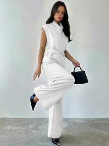 Firerie Women's White 2-Piece Set, Elegant Summer Office Turtleneck Cap Sleeve Shirt Elastic Waist Wide Leg Pants Set, Commuter Business Work Outfits - White - View 5
