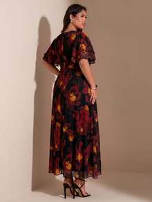 SHEIN BAE Plus Size Women Purple Floral Ruffle Sleeve Dress - Multicolor - View 2