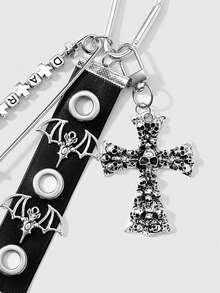 ROMWE 2 Y2k Retro Unique Personalized Heavy Industry Punk Dark Wind Goth Black Glossy Leather Metal Air Eye Hole Eye Wrist Strap Ancient Silver Demon Bat Wings Square Letters "Dark" Pin One Arrow Through The Heart Hollow Star Ring Dripping Oil Thorns Rose Love Uneven Skull Cross DIY Keychain Bag Pendant Pendant, Combination Set, Suitable For Women, Girls, Sisters, Girlfriends, Couples Daily Wear, Holiday Gifts - Black - View 9
