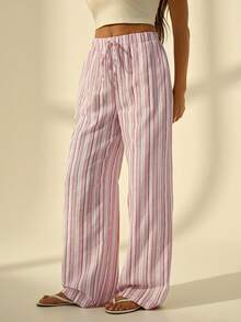 SHEIN Tall 女士假日休闲条纹阔腿裤 粉色条纹裤 - 彩色 - 查看 6