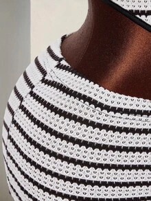 Amplova Textured Striped Halter Neck Backless Deep V-Neck Sleeveless Bodycon Shorts Two Pieces Casual Vacation Outfit - Black and White - View 8