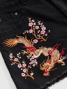 ROMWE Grunge Punk Plus Size Women Retro New Chinese Style Embroidered Fringe Denim Shorts - Black - View 3
