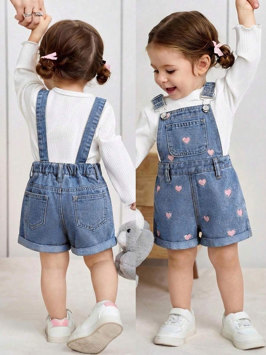 Baby Girl Heart Embroidery Pocket Casual Versatile Daily Wear Denim Bib Shorts - Medium Wash - View 1