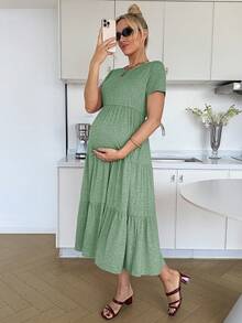 Vestido casual de embarazada con mangas cortas, dobladillo escalonado y unicolor para vacaciones y uso diario - Verde - Ver 7