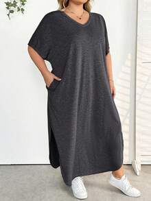 SHEIN CURVE+ 大码女装春夏新款时尚通勤休闲口袋设计分体睡袍 - 黑色 - 查看 6