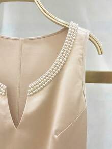 Weeklong V-Neck Pearl Collar Sleeveless A-Line Satin Maxi Dress, Elegant Party Dress For Plus Size, Spring/Summer - Apricot - View 6