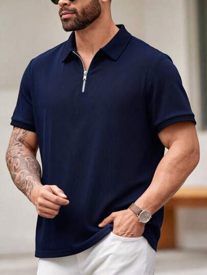 EASEVO Plus Size Men's Solid Color Short Sleeve Zip Design Casual Polo Shirt