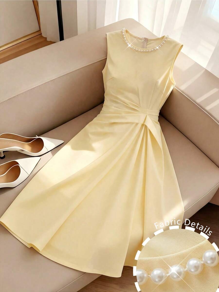 Modelyn Đầm không tay dáng xòe xếp ly thời trang, thích hợp cho mùa xuân và mùa hè. - Màu vàng - Xem 1