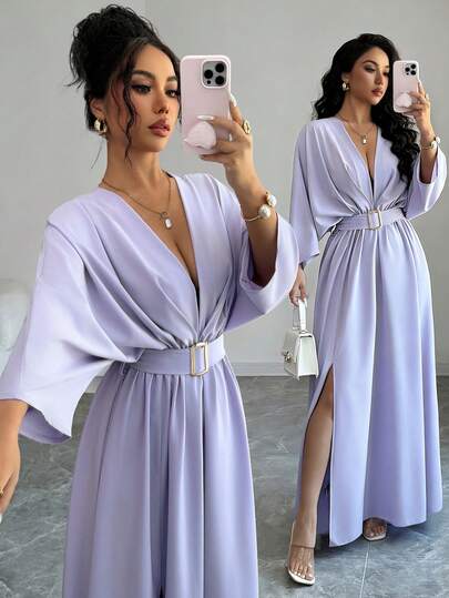 Rafferiza Đầm tím dáng suông, cổ chữ V, tay cánh dơi, eo rộng, thanh lịch, thích hợp cho các buổi tiệc tối mùa xuân/hè.