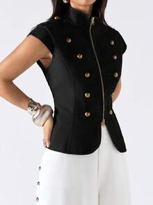 LYSMO 2026 New Minimalist Spring/Summer Vintage Stand Collar Jacket, Suitable For Commuting - Black - View 3