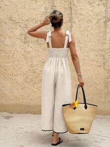SHEIN Frenchy Women's Black And White Striped Contrast Color Trim Linen Sleeveless Jumpsuit,Summer Casual Wide-Leg Pants For Holiday,Vacation Resort Wear,Boho - Apricot - View 3