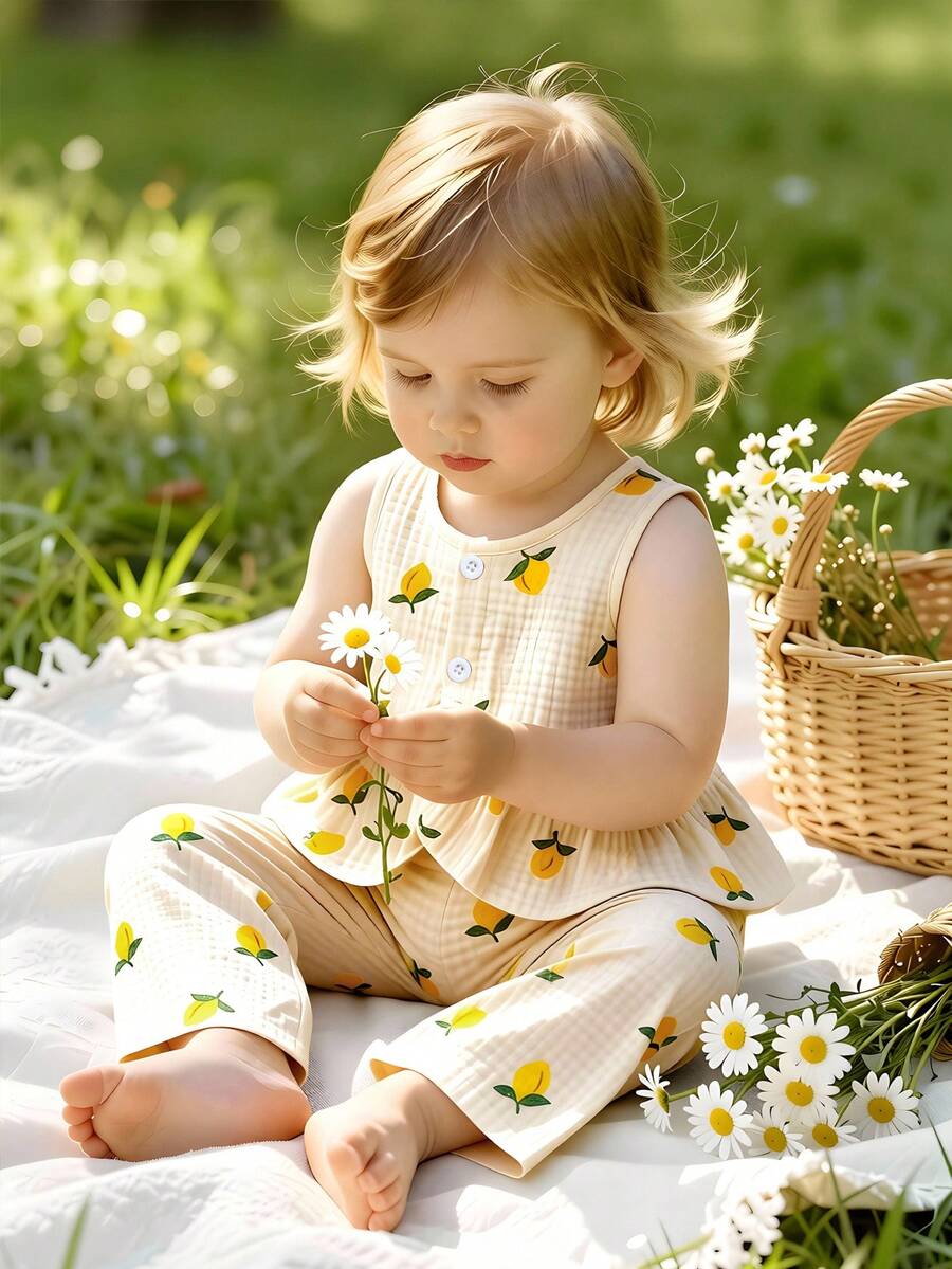 Vintaside Kids Baby Girls' Minimalist Lemon Print Chiffon Ruffle Hem Camisole + Printed Pants 2-Piece Set, Suitable For Everyday Wear, Outings And Vacations, Spring/Summer - Apricot - View 1