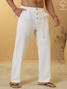 VENTUSAIL Men's Solid Color Drawstring Waist Linen Casual Pants - White - View 4