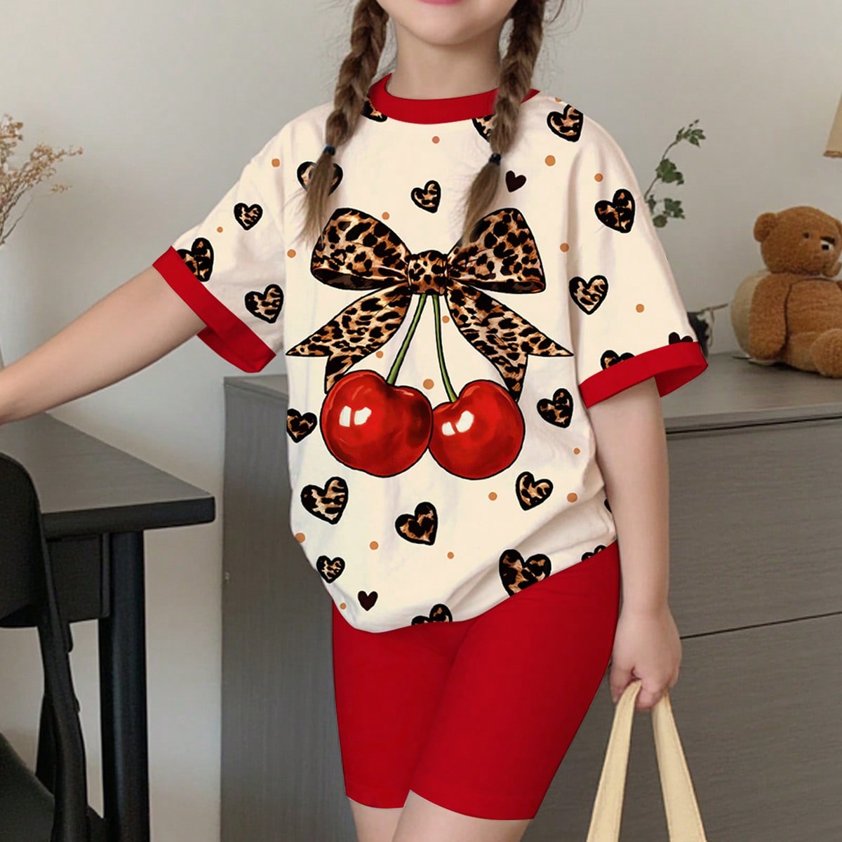 Set de 2 piezas con camiseta de manga corta de cuello redondo y estampados de frutas, leopardo, moño y corazón, y leggings ajustados para niñas, ad