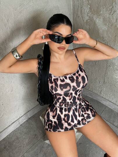 SHEIN SXY Summer Leopard Print Camisole And Shorts Set,Beige And Festival Outfits For Women,Club Night Out Vacation,Pool Party,Animal Print Playsuit Romper