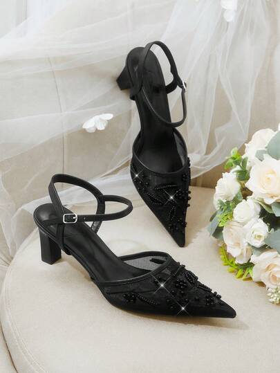 CUCCOO HITCHD Women's Embroidered Beaded Pointed Toe Chunky Heel High Heels, Elegant Slingback Pumps, Fashion For Wedding, Valentine's Day, Tea Party, Graceful Outfit Valentine's Day