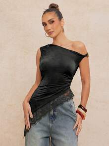 Women's Solid Color Asymmetric Hem Contrast Lace Asymmetrical Shoulder Top,Summer Top - Black - View 5