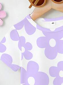 Set de 2 piezas para niña, blusa con cuello redondo y manga corta con estampado floral lindo, combinada con pantalones de leggings morados, adecuado para usar en primavera/verano al aire libre con estilo campestre fresco - Multicolor - Ver 5