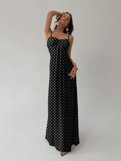  Aloruh 优雅复古波点印花女士吊带长裙，波点连衣裙，适合派对、度假、法式度假、优雅约会等场合