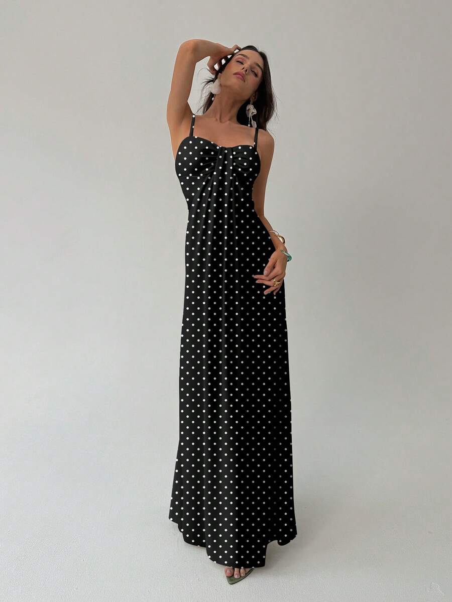Aloruh 优雅复古波点印花女士吊带长裙，波点连衣裙，适合派对、度假、法式度假、优雅约会等场合 - 黑色 - 查看 1