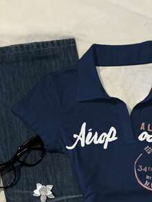SHEIN Women's Letter Print Short Sleeve Casual Versatile T-Shirt - Navy Blue - View 4
