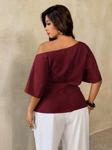 Auralis Plus Size Spring/Summer New Versatile Minimalist Commuter Asymmetric Batwing Sleeve Ruched Waist Fitted Pullover Blouse - Burgundy - View 3