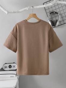 SHEIN Kids/Tween Boys' Chocolate Brown Summer Casual City Break Washed Oversized Loose Fit Round Neck Short Sleeve Knit T-Shirt,School Beach Birthday - Coffee Brown - View 2