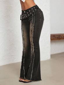 SHEIN PETITE Women's Fashion Button Frayed Hem Flare Jeans - Black - View 4