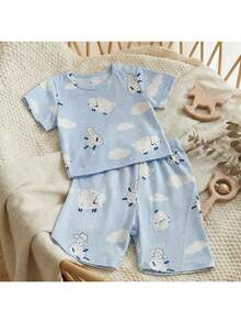 Loomiva Bộ đồ 2 món cho bé gái sơ sinh: Áo dài tay cổ tròn và quần cạp chun in hình động vật hoạt hình, chất liệu mềm mại. - Nhiều màu - Xem 2