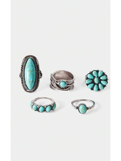 Noxbound 5pcs Vintage & Fashionable & Exquisite Bohemian Style Leaf, Flower, Geometric & Turquoise Ring Set For Women Western Jewelry Valentines,Mom,Mother,Mother's Day,Gift