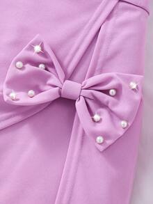 Sparklyn 2pcs/Set Tween GirlsRibbed Pearl Trim Sleeveless Top & Solid Bow Skirt Shorts Casual Summer Outfit - Purple - View 6