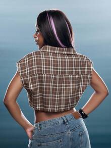 Denimoi Boxy Crop Top Plaid Collared Crop Top With Raw Edges Fashionable Streetwear - Brown - View 5