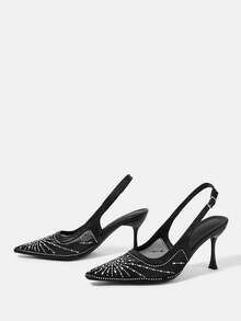 CUCCOO HITCHD Zapatos de vestir de tacón alto con correa de tobillo, decoración de malla y rhinestones, punta cuadrada, para mujer, nuevos para primavera/verano. Zapatos formales elegantes y románticos de color negro para boda, Día de San Valentín - Negro - Ver 4
