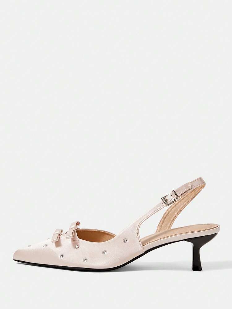 CUCCOO HITCHD Premium Satin Bow Back Empty Shoes, Pointed Thin Diamond Kitten And Bow Stiletto Banquet Shoes