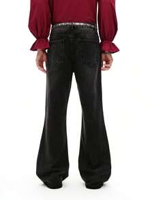 DSELFIQUE 男士时尚休闲水洗侧袋宽松喇叭牛仔裤，垃圾摇滚风 - 黑色 - 查看 3