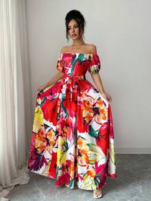 SHEIN Elenzya Off-Shoulder Floral Maxi Elegant Dress - Multicolor - View 4