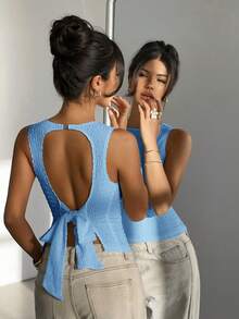 Aloruh Women's Casual Crew Neck Sleeveless Textured Knit Cropped Top In White - Baby Blue - View 5